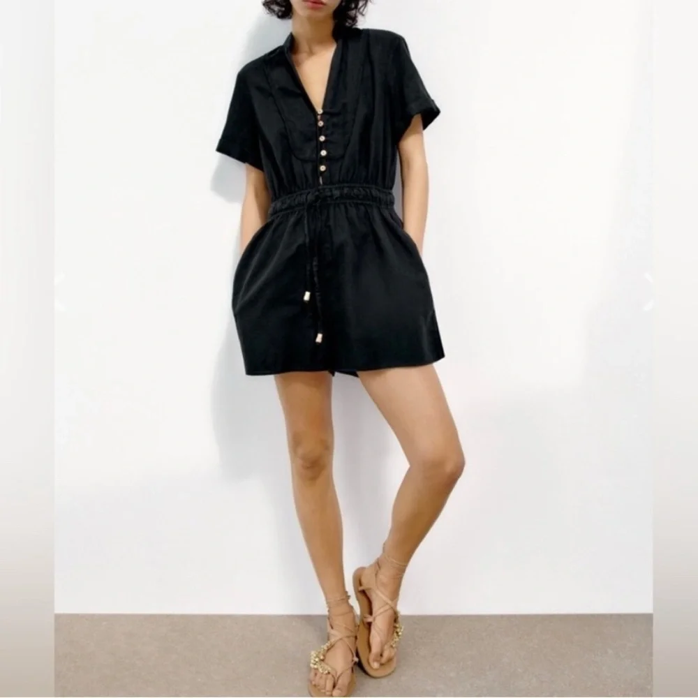 New Zara Linen Blend Jumpsuit Black Size S